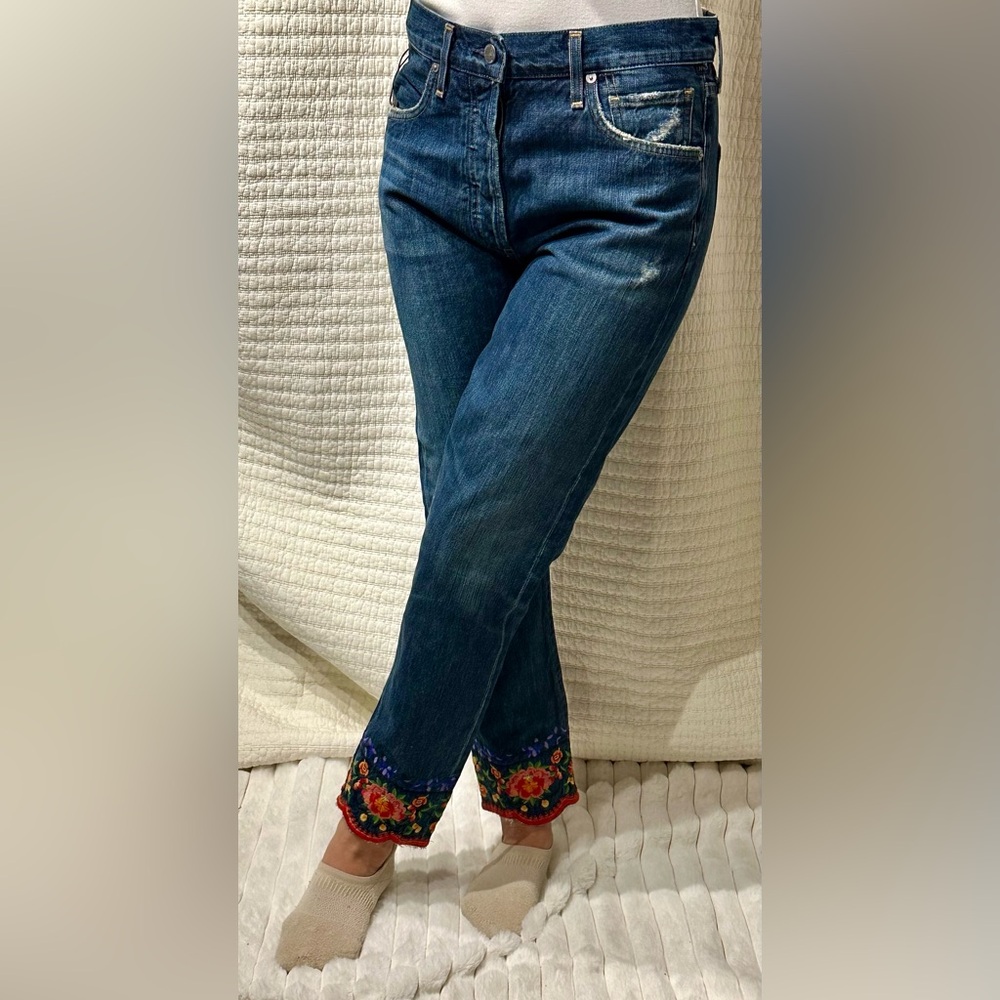 Citizens of Humanity High Rise Floral Embroidered Hem Liya Jeans NWT